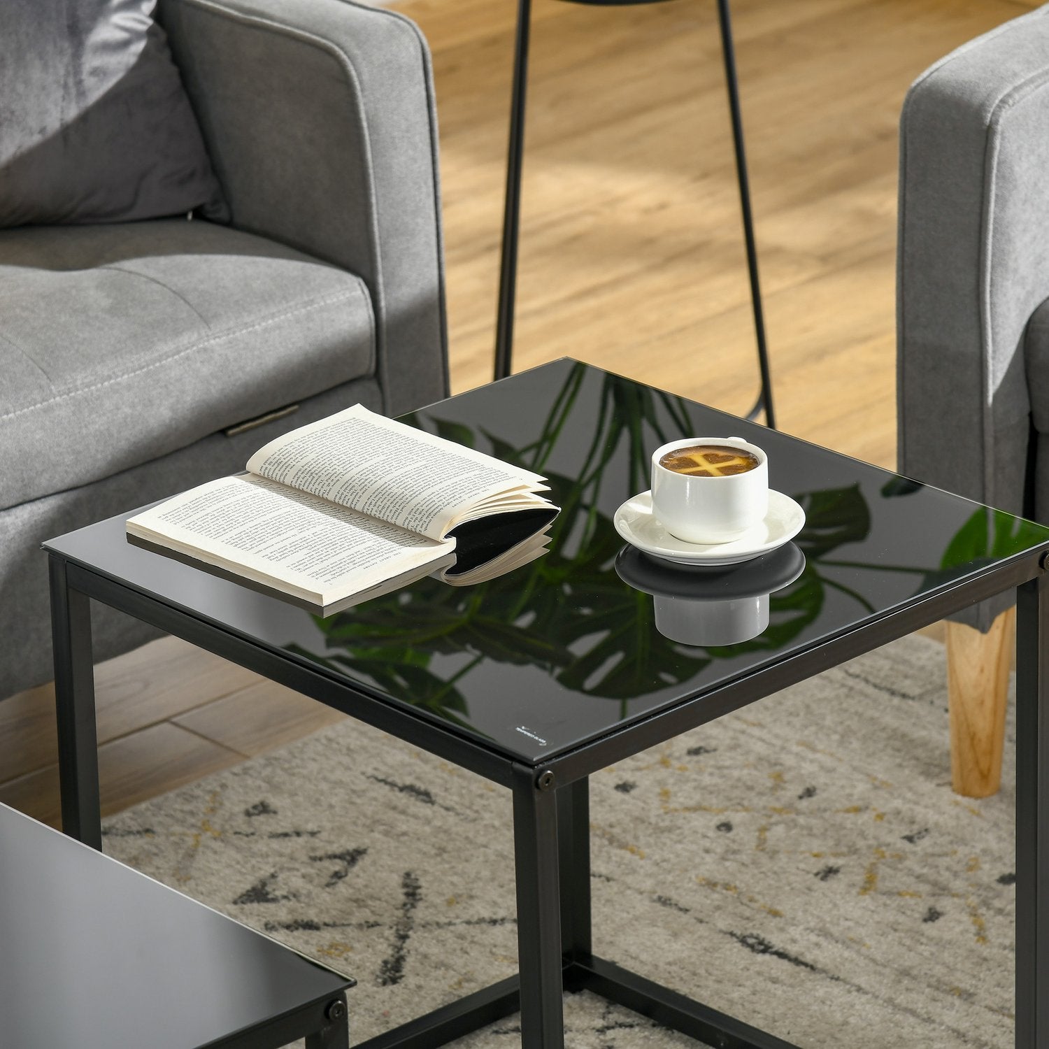 Ensemble de tables basses gigognes noir – plateau en verre, cadre en acier
