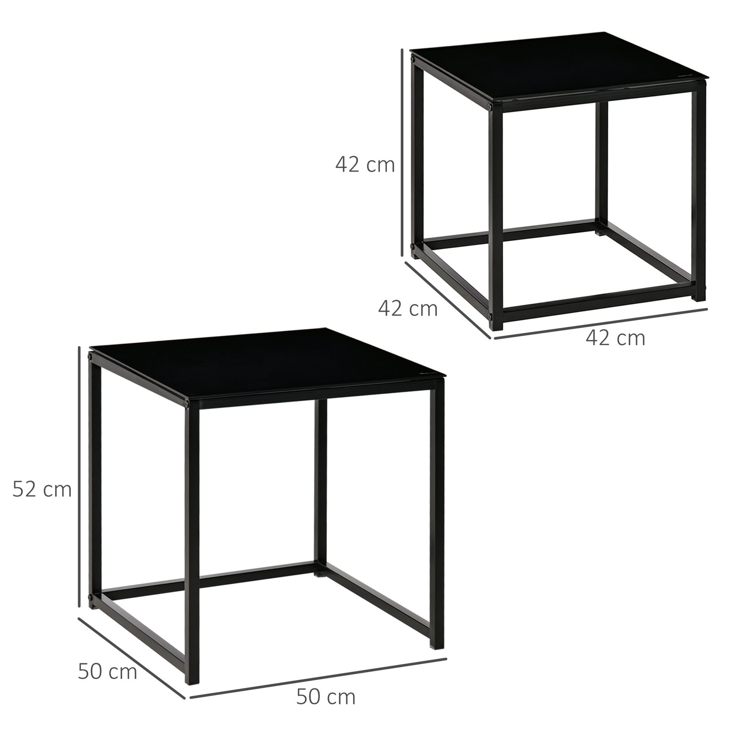 Ensemble de tables basses gigognes noir – plateau en verre, cadre en acier