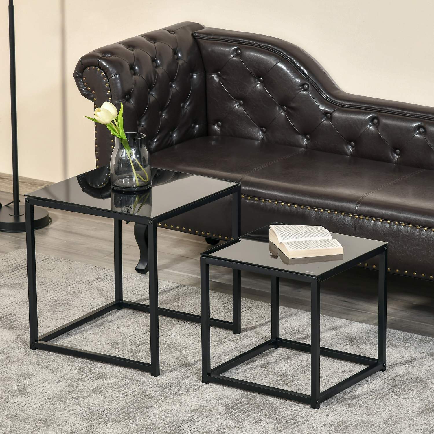 Ensemble de tables basses gigognes noir – plateau en verre, cadre en acier