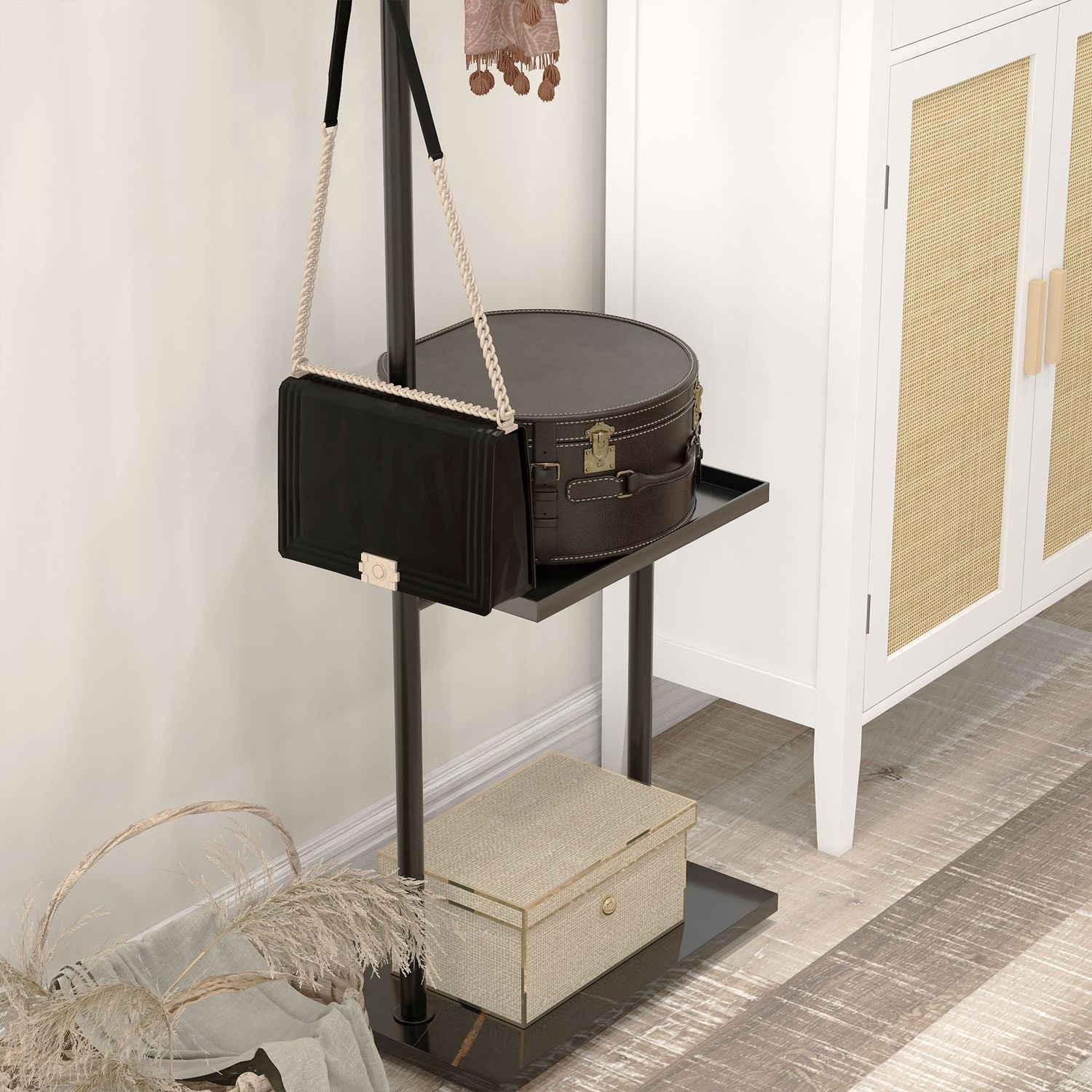 Zwart kapstok & hoedenplank met haken en plank – 148 cm