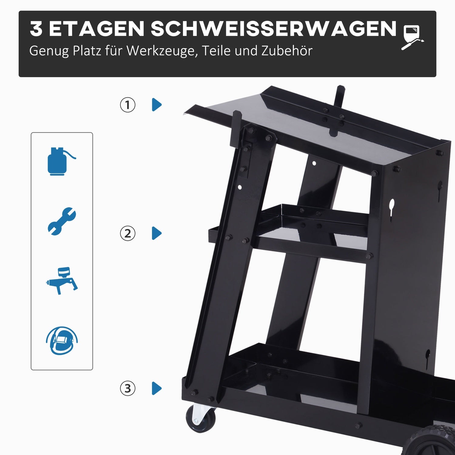 Laswagen met 3 legborden en veiligheidsketting, zwart