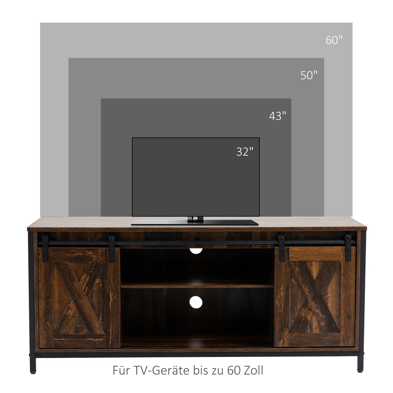 TV-meubel voor 60"-schermen, industrieel design, spaanplaat en staal