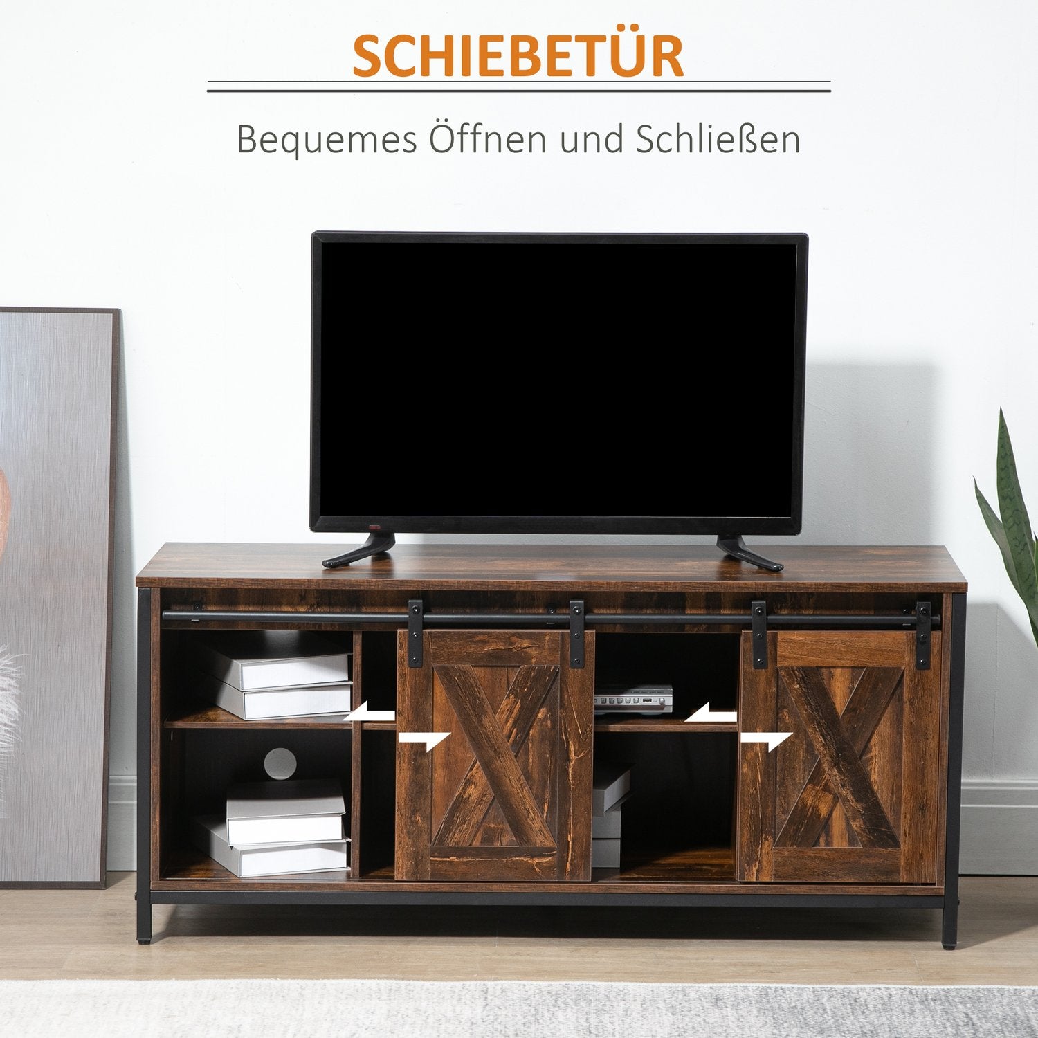 TV-meubel voor 60"-schermen, industrieel design, spaanplaat en staal