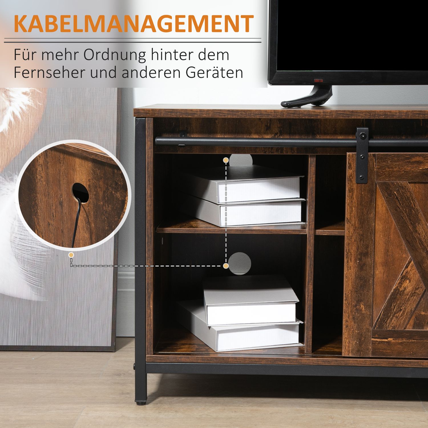 TV-meubel voor 60"-schermen, industrieel design, spaanplaat en staal