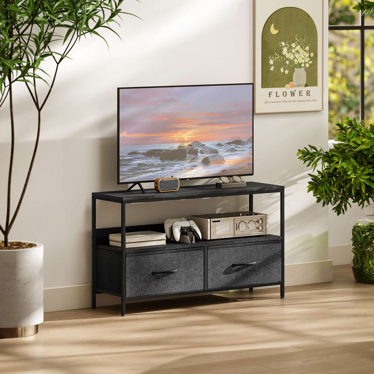 Tv-meubel met 2 laden, open plank, geschikt voor tv’s tot 47"