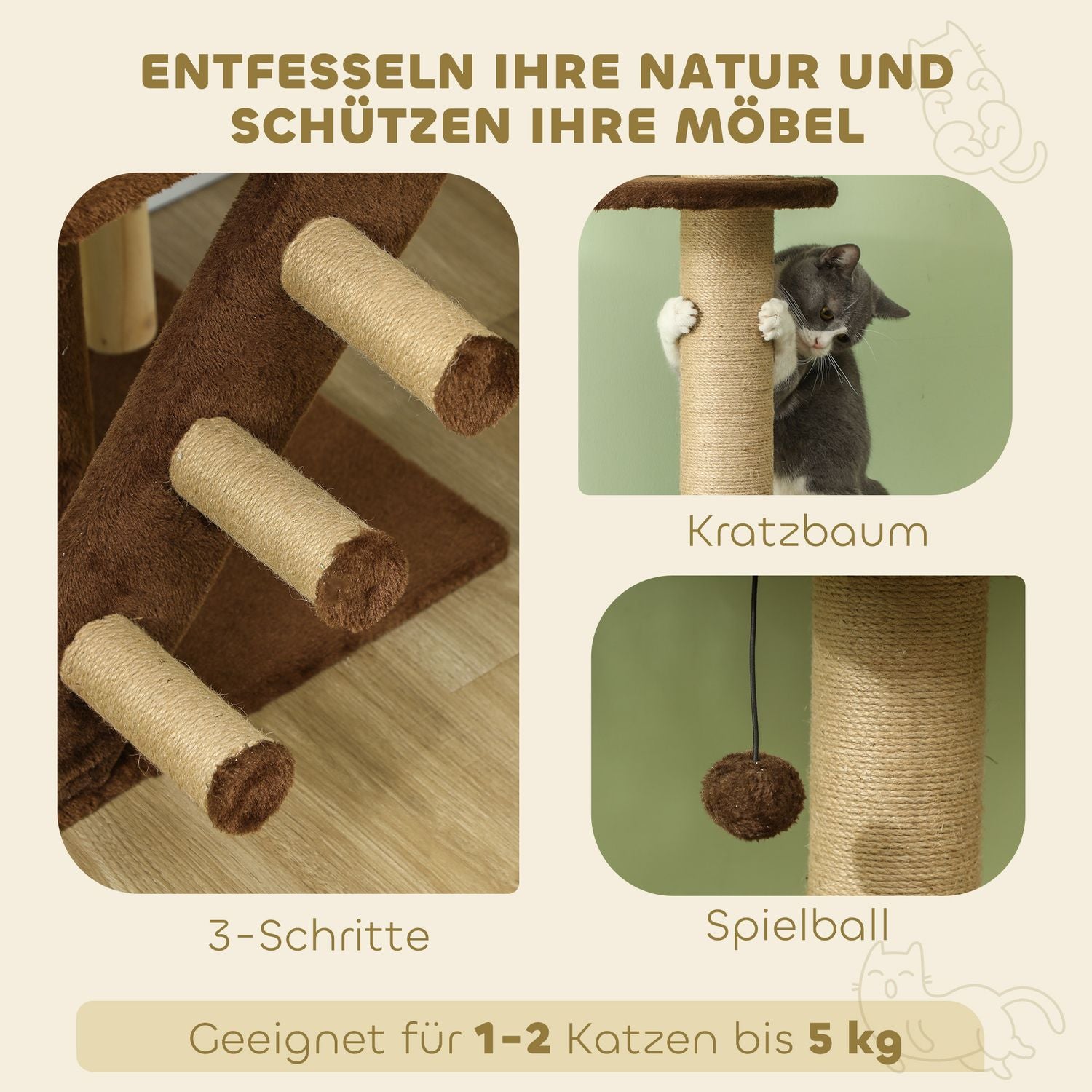 Kattenkrabpaal tot aan het plafond met hol & speelbal 225-265 cm