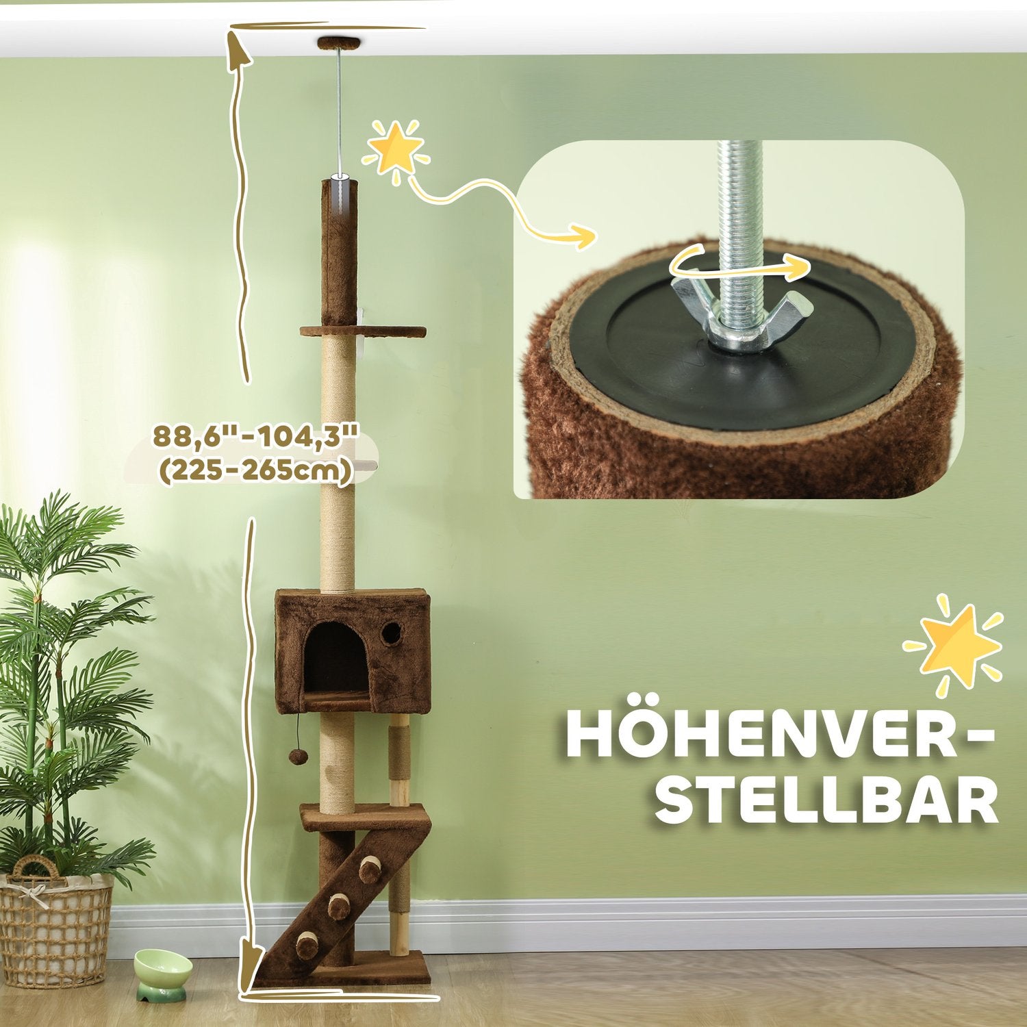 Kattenkrabpaal tot aan het plafond met hol & speelbal 225-265 cm