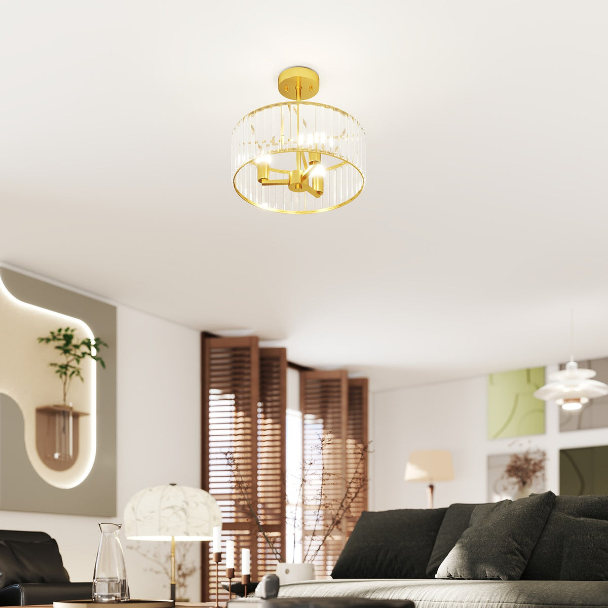 Plafondlamp, kristallen kap, 3 lampen, goudkleurig metaal