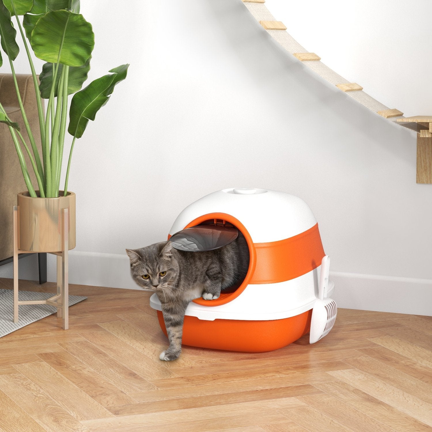 Overdekte kattenbak met geurverwijderaar en schep