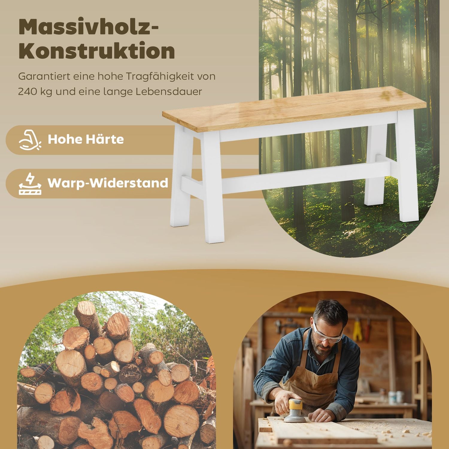 Houten bank voor 2, eikenhouten afwerking, rubberhout, 45 cm hoog