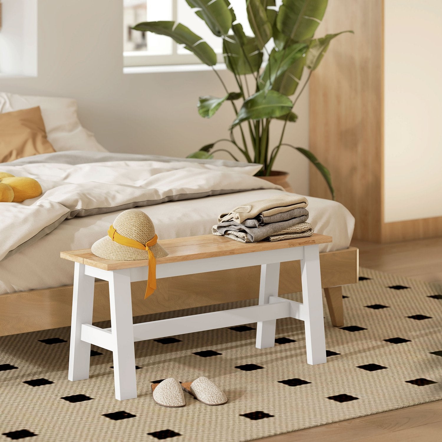Houten bank voor 2, eikenhouten afwerking, rubberhout, 45 cm hoog