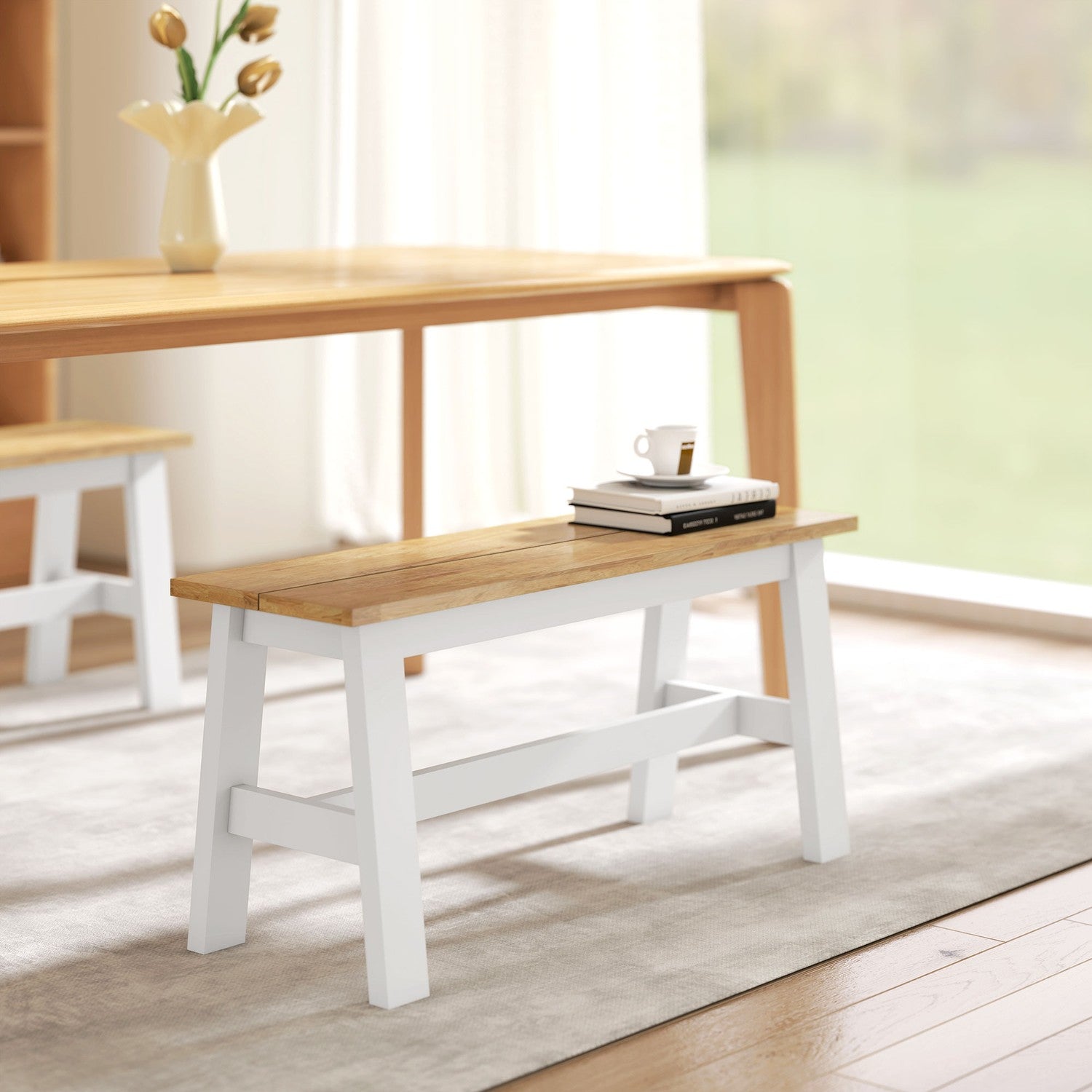 Houten bank voor 2, eikenhouten afwerking, rubberhout, 45 cm hoog