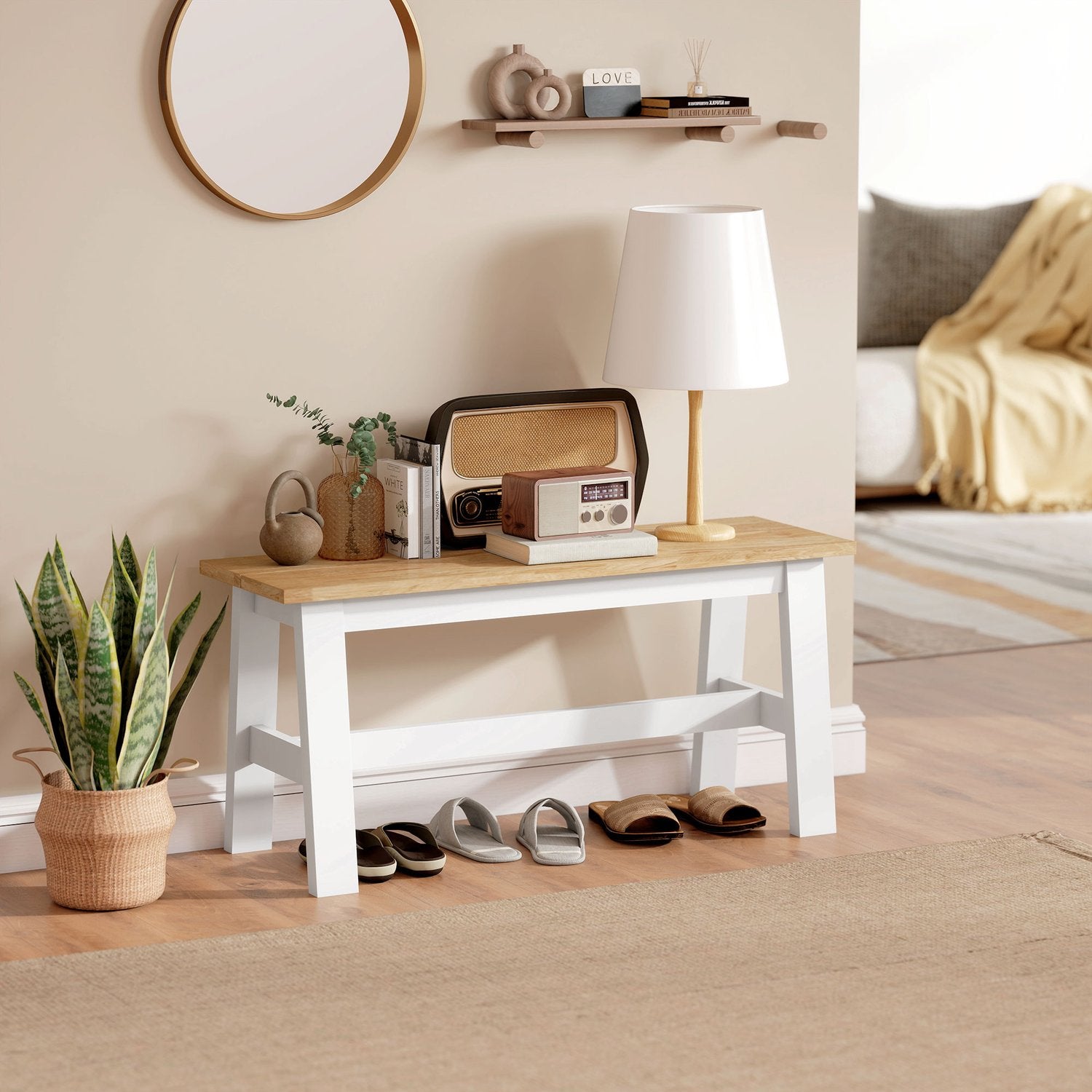 Houten bank voor 2, eikenhouten afwerking, rubberhout, 45 cm hoog