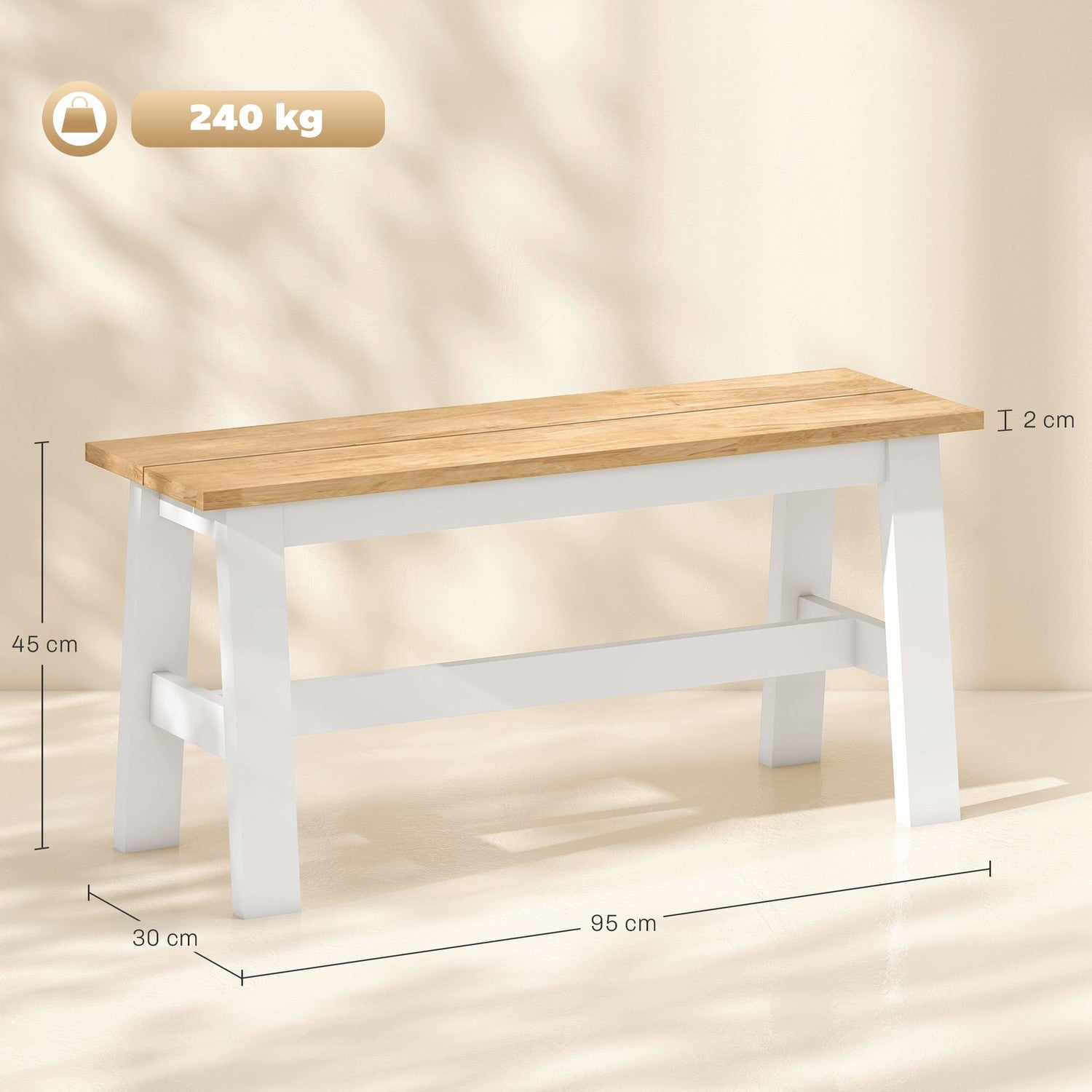 Houten bank voor 2, eikenhouten afwerking, rubberhout, 45 cm hoog