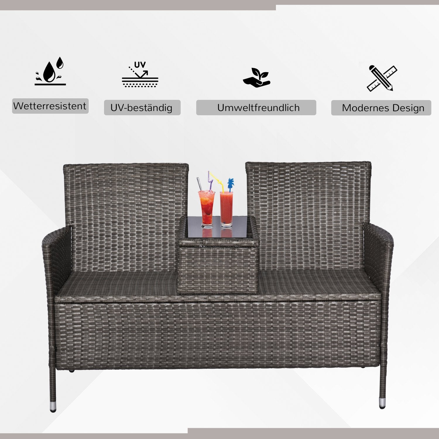 Twee persoons tuinbank met tafel, polyrattan, grijs