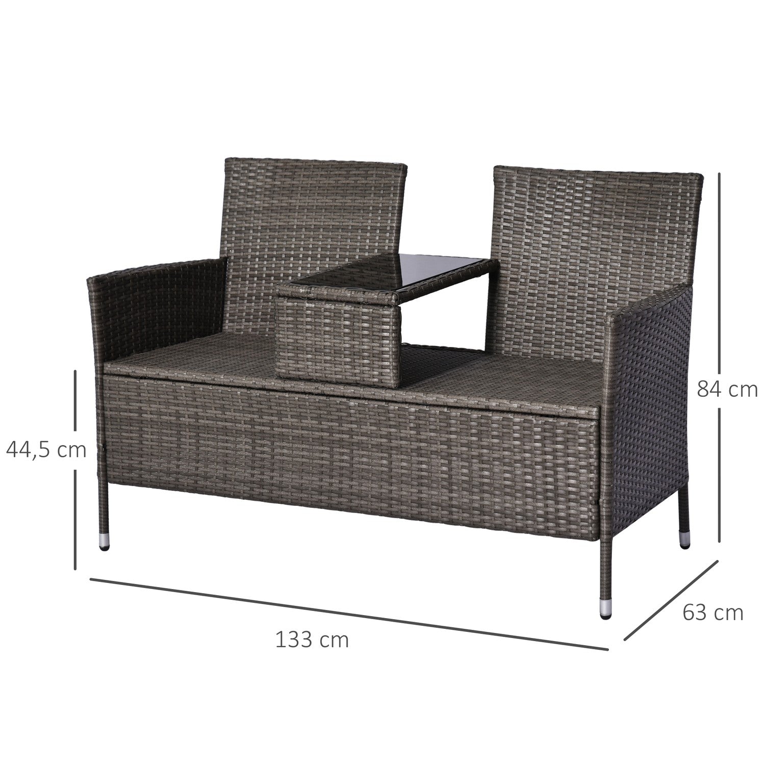 Twee persoons tuinbank met tafel, polyrattan, grijs