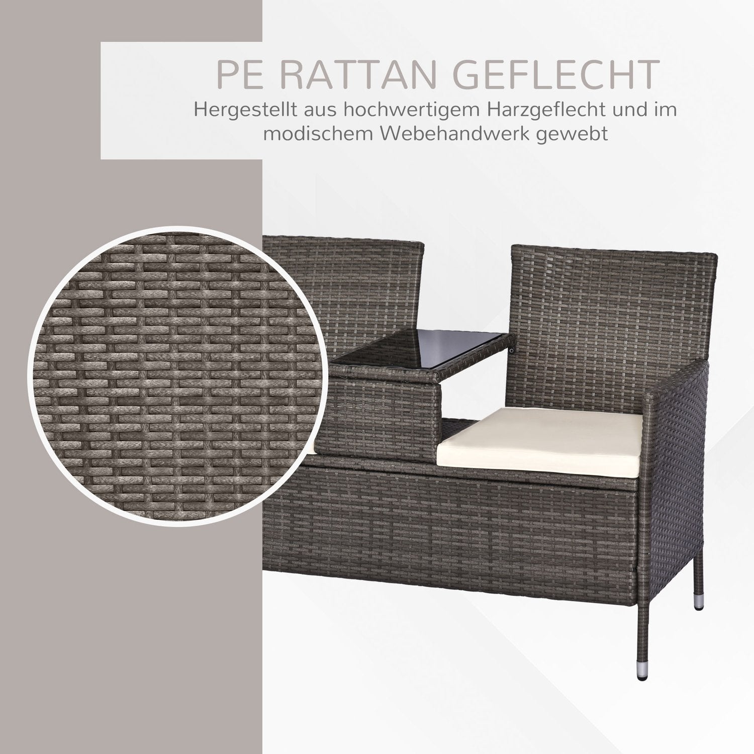 Twee persoons tuinbank met tafel, polyrattan, grijs