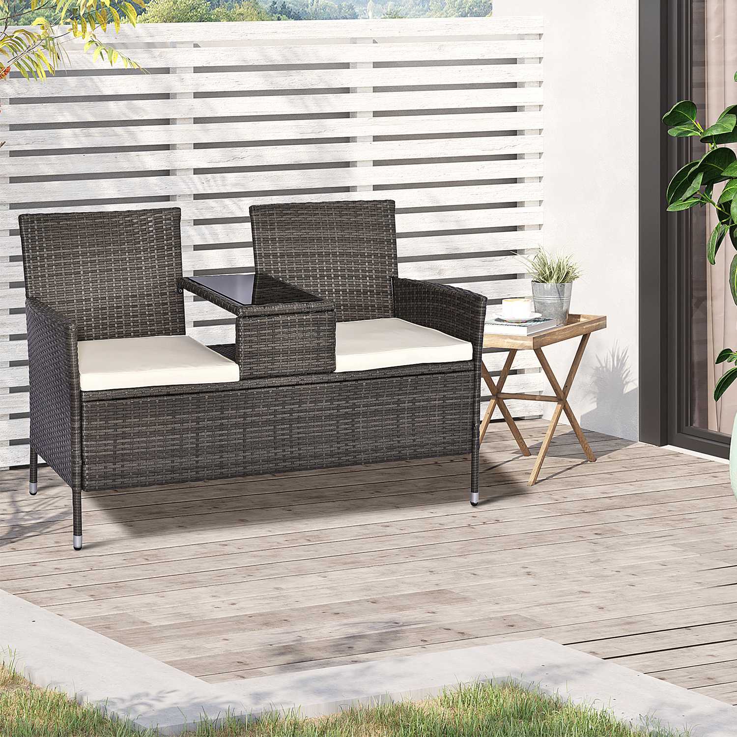 Twee persoons tuinbank met tafel, polyrattan, grijs