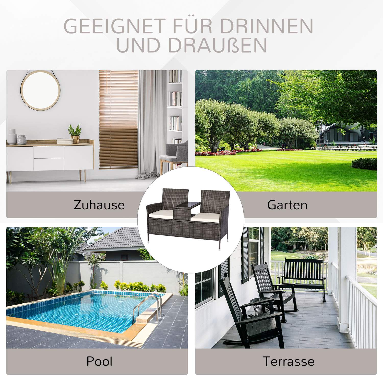 Twee persoons tuinbank met tafel, polyrattan, grijs