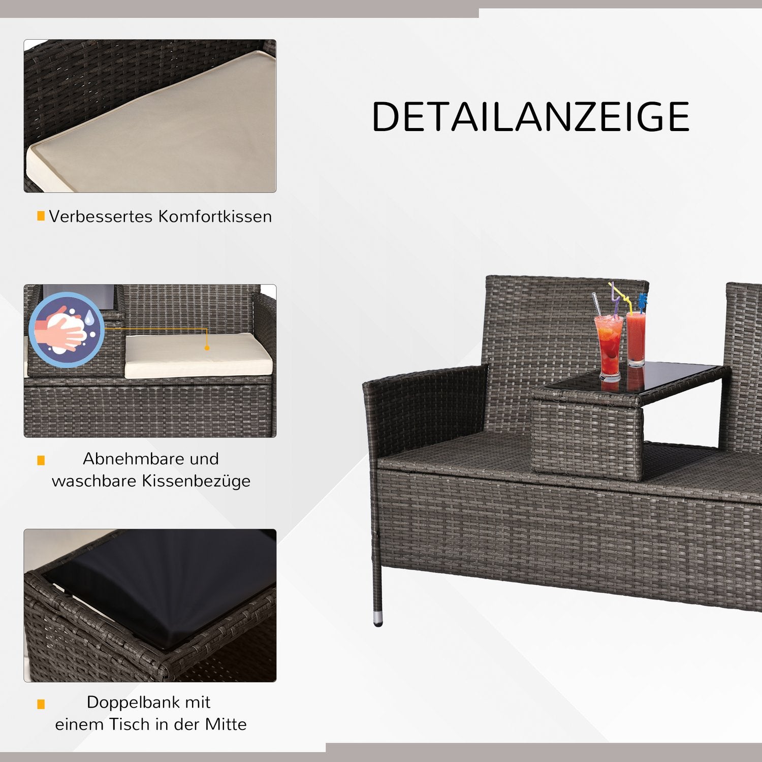 Twee persoons tuinbank met tafel, polyrattan, grijs