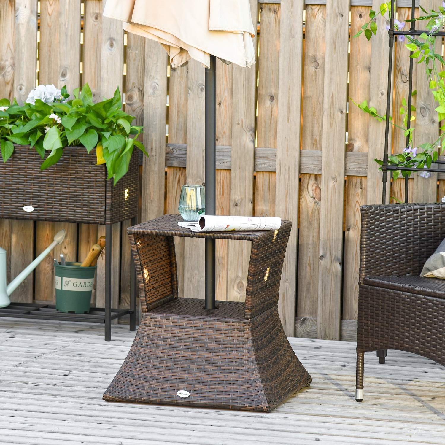 Tuintafel met parasolstandaard – Polyrattan, Bruin, 54x54x55 cm