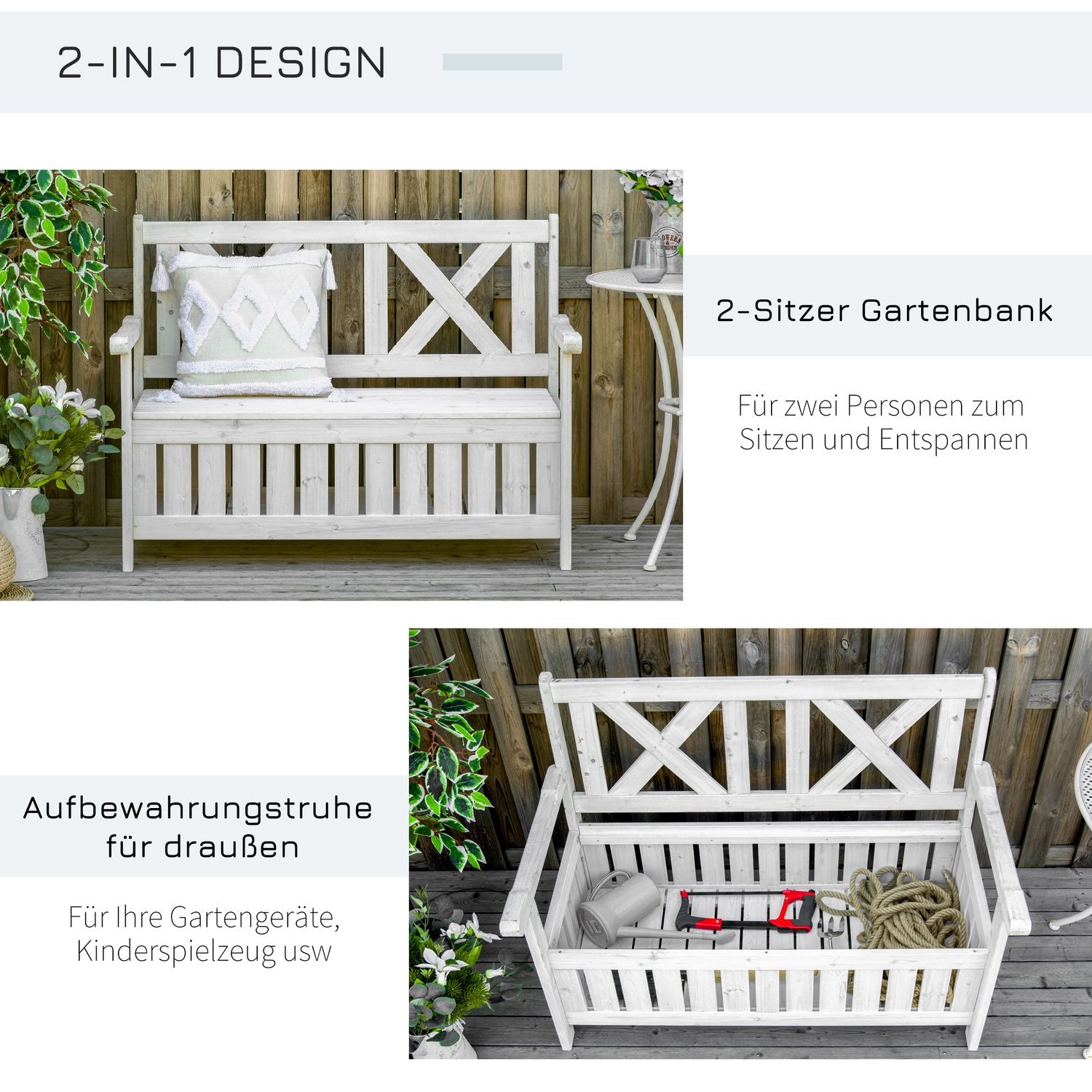 Tuinopbergbank, 2-zits met kussen, wit 115 cm