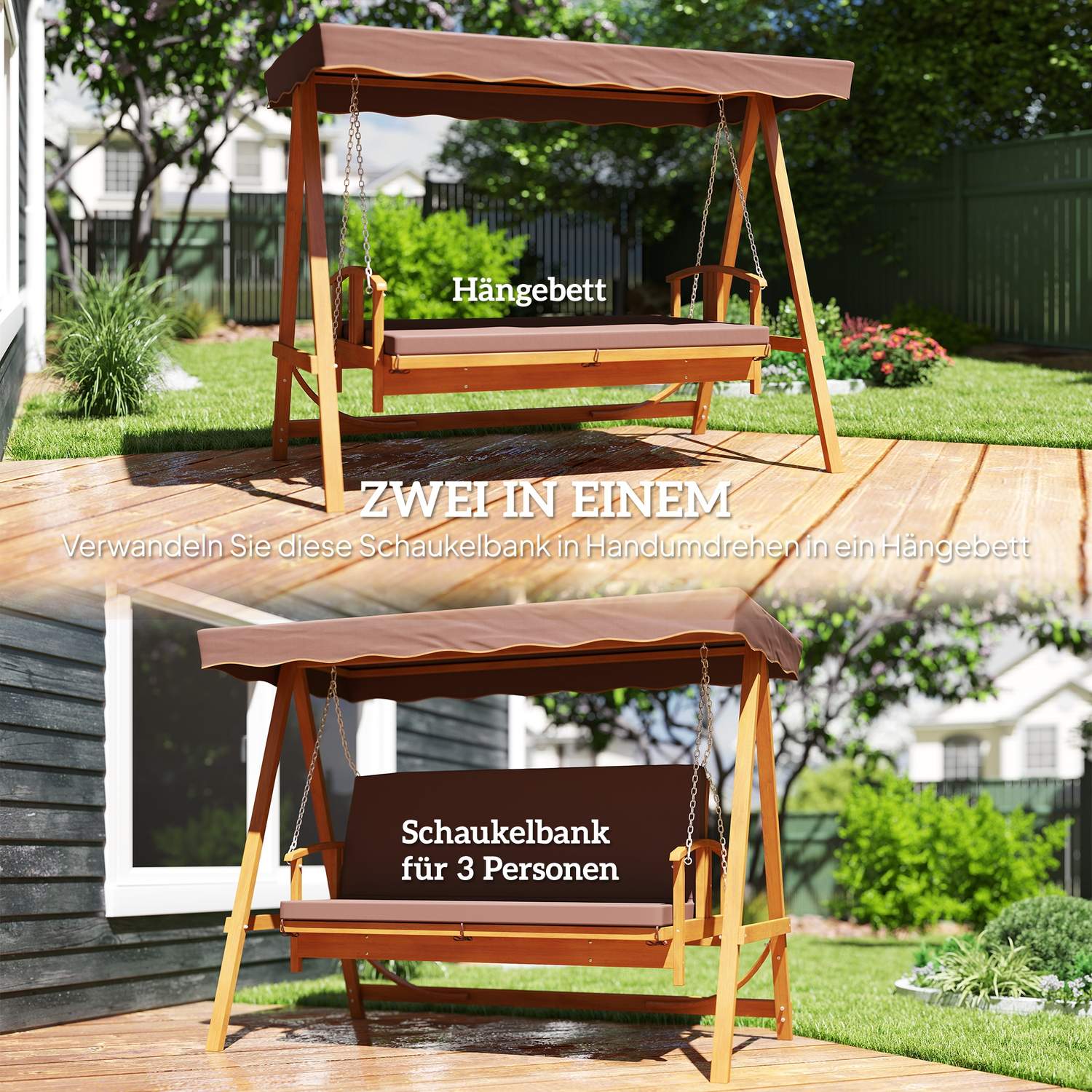 Gartenschaukel 3-Sitzer mit liegendem Sonnendach
