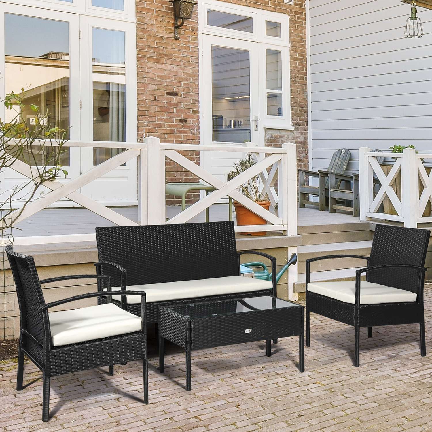 Polyrattan loungeset met kussens, zwart, 4 zitplaatsen