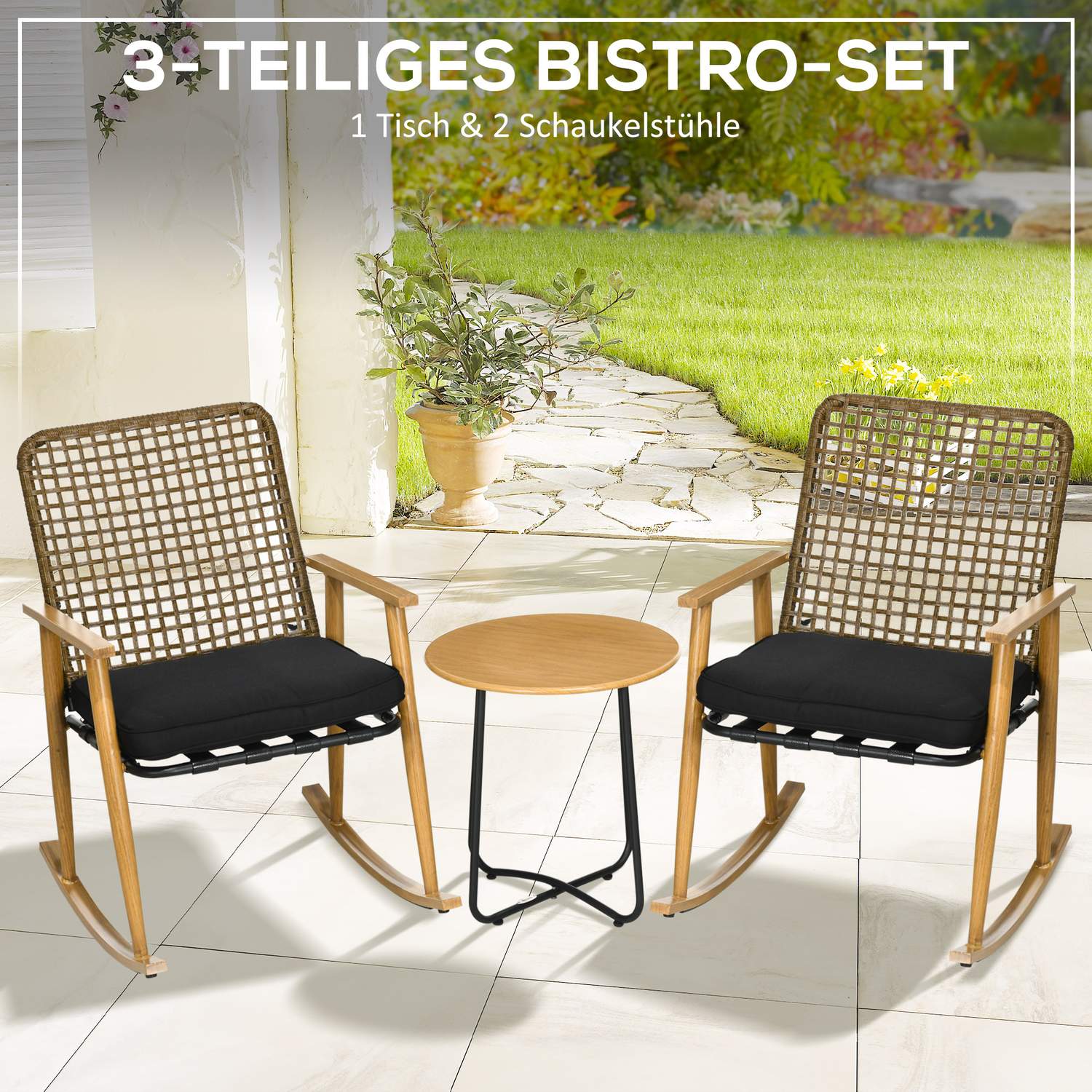 Tuinmeubelset, 2 schommelstoelen & tafel, polyrotan