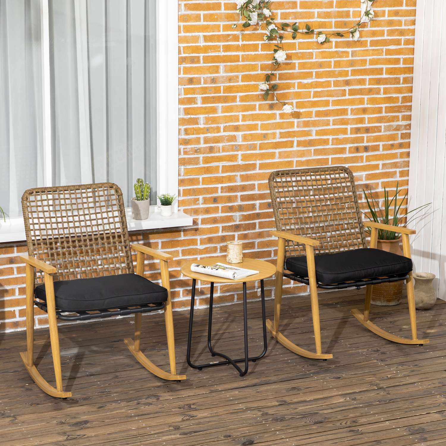 Tuinmeubelset, 2 schommelstoelen & tafel, polyrotan