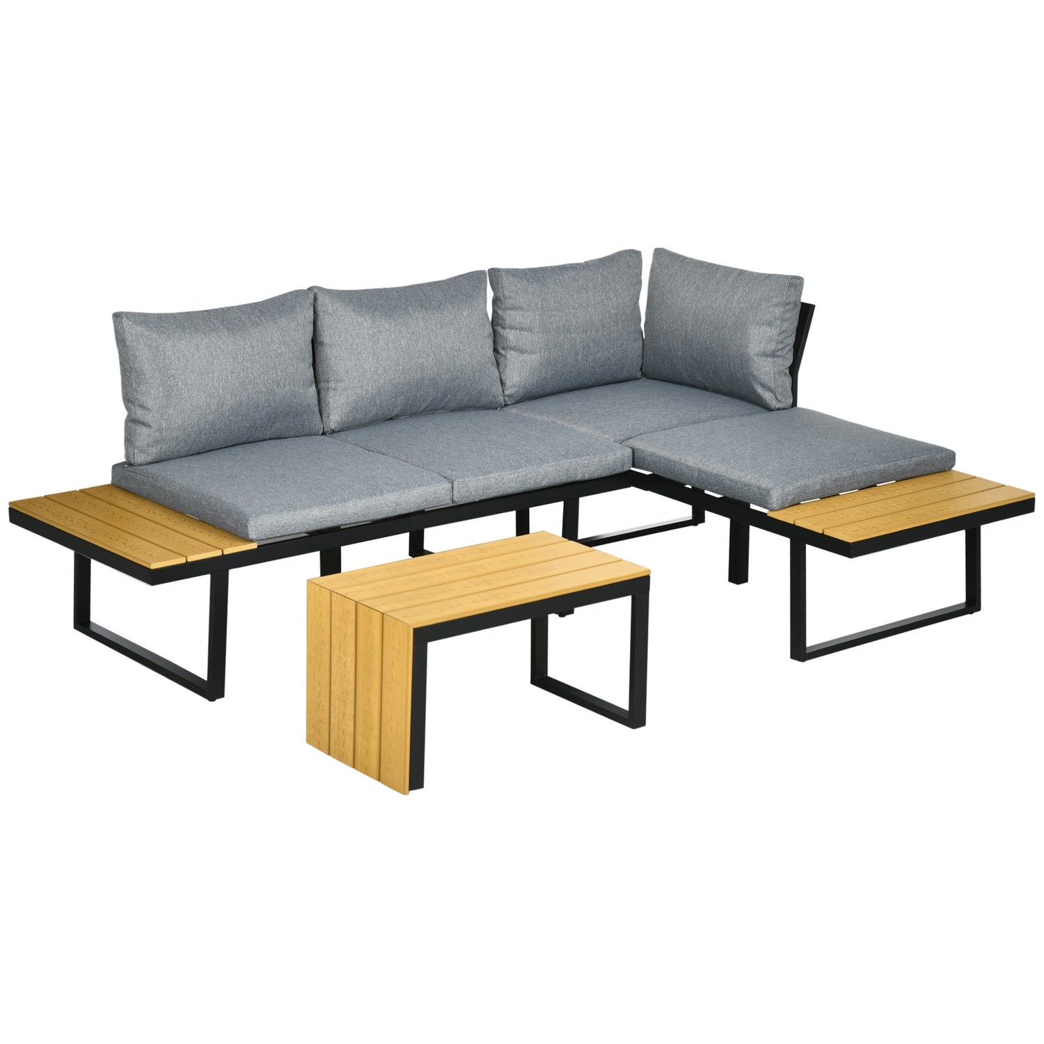 Tuingarnituur voor 3 personen, aluminium & houtlook, donkergrijs