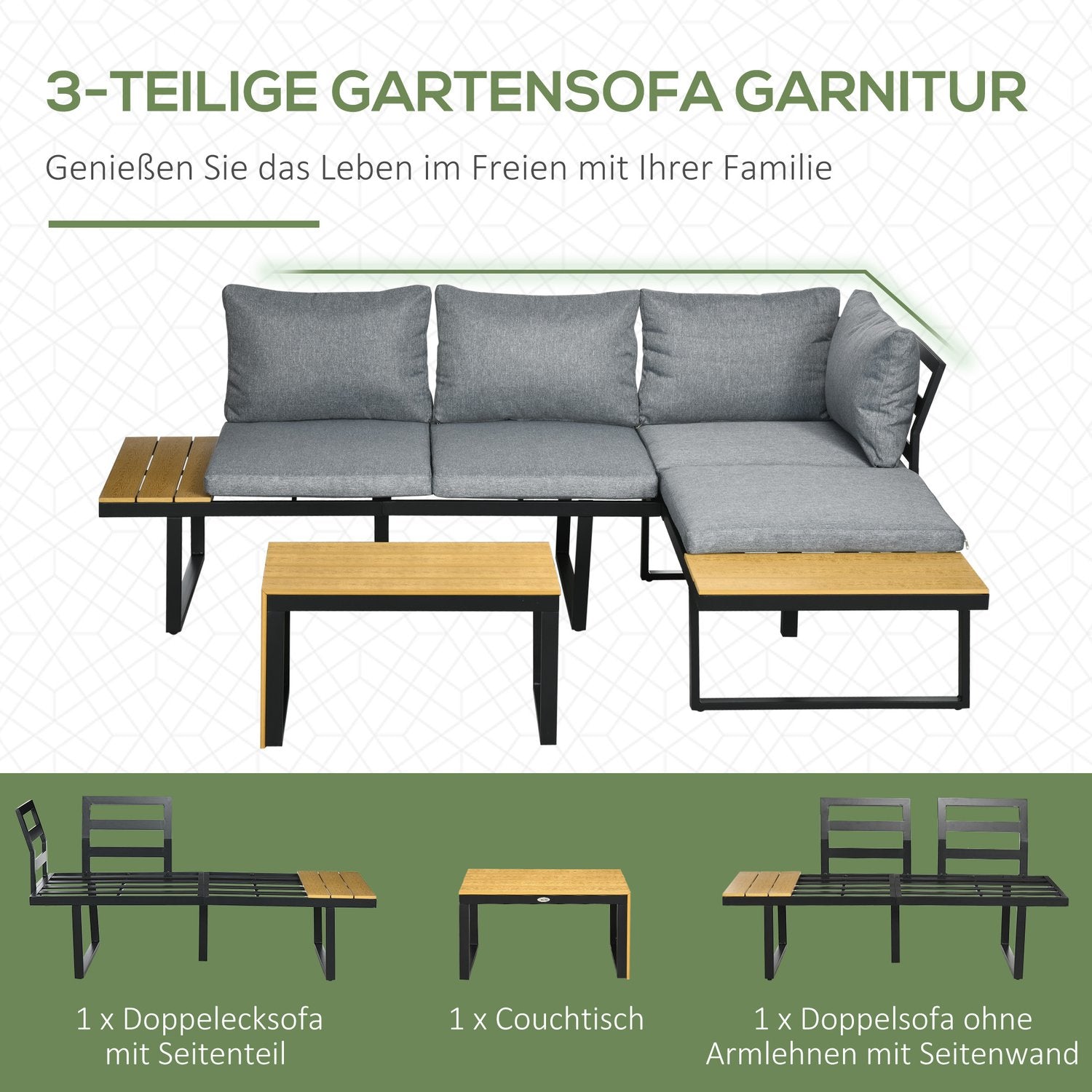 Tuingarnituur voor 3 personen, aluminium & houtlook, donkergrijs
