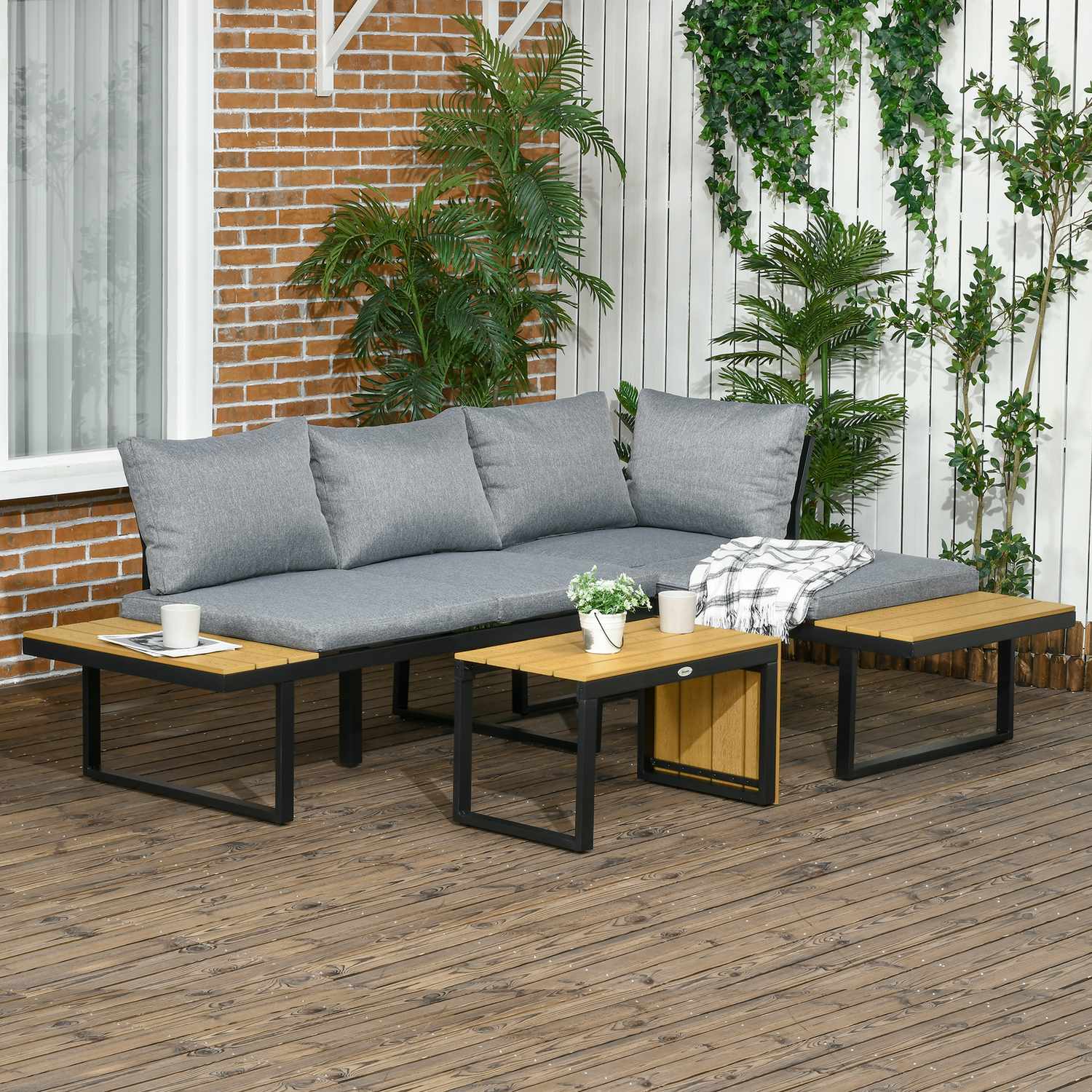 Tuingarnituur voor 3 personen, aluminium & houtlook, donkergrijs