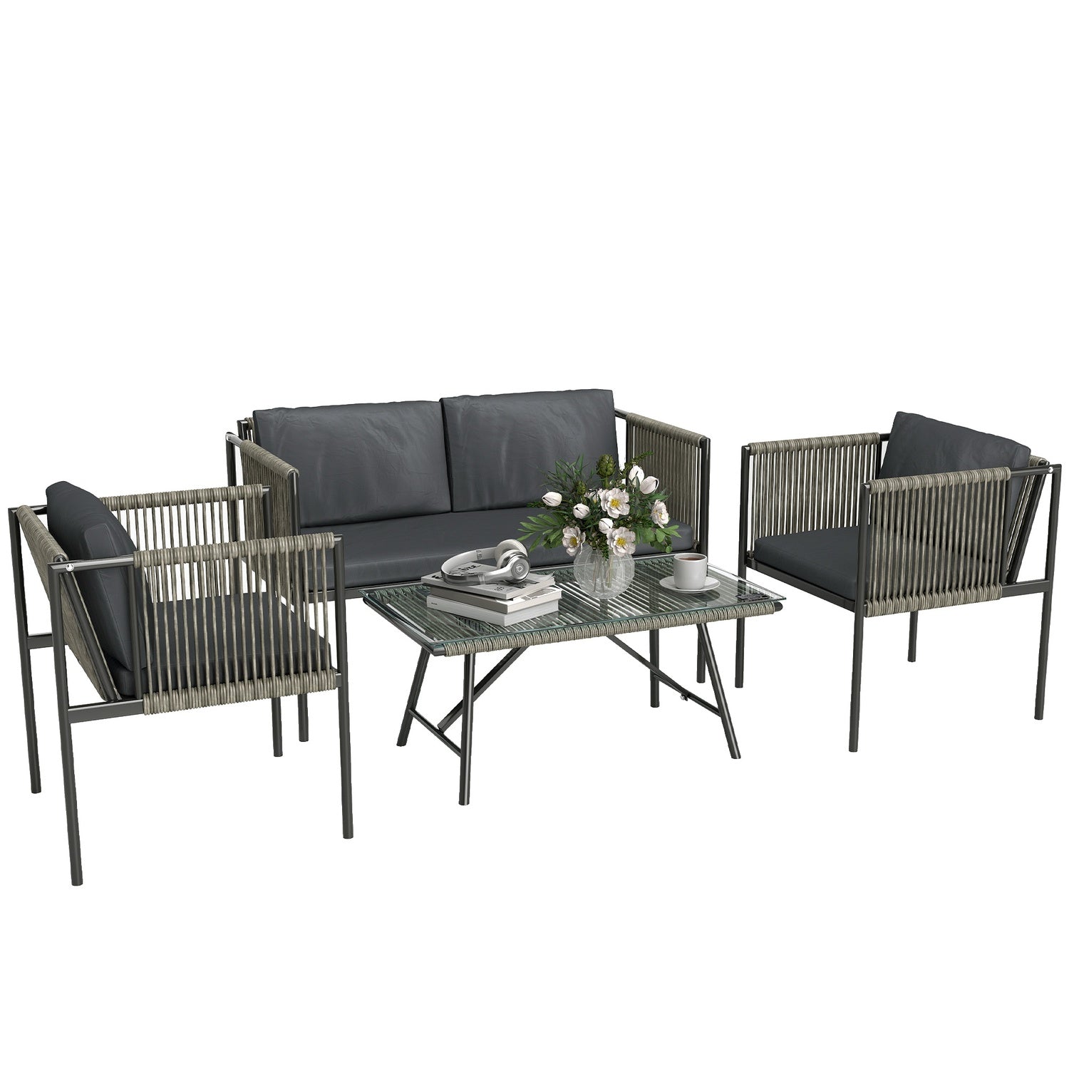 Salon de jardin en polyrotin avec coussins – gris