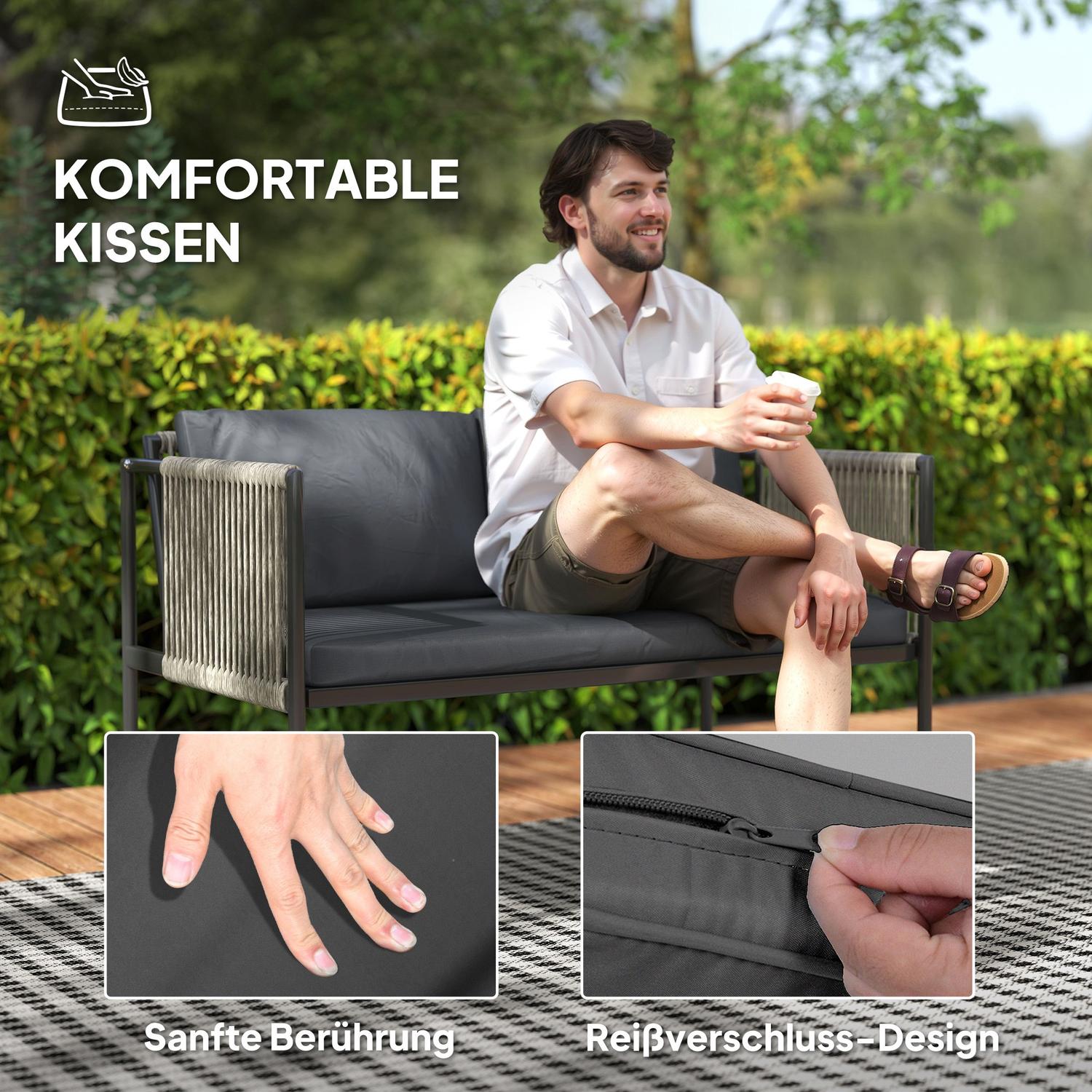 Salon de jardin en polyrotin avec coussins – gris