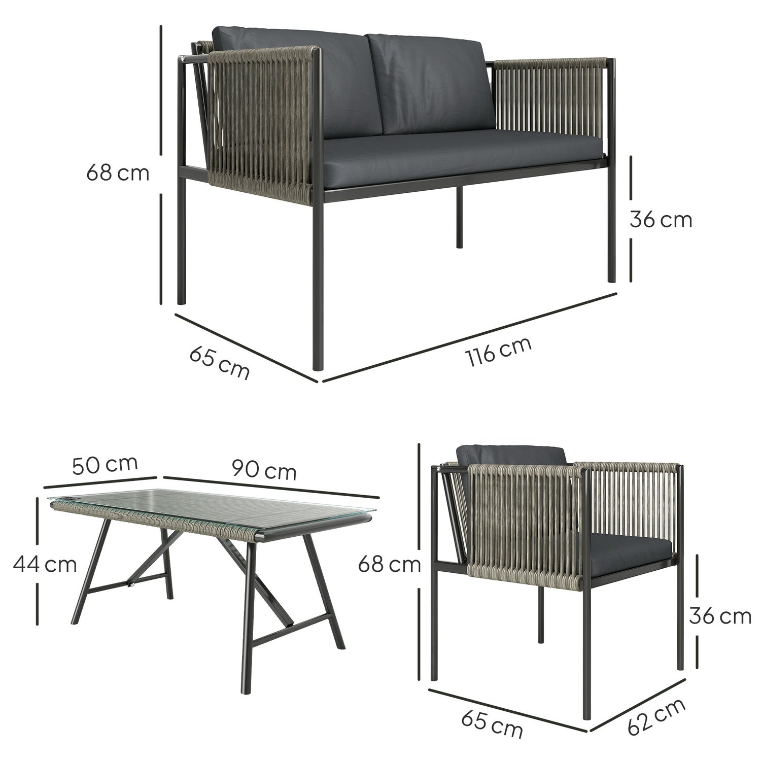 Salon de jardin en polyrotin avec coussins – gris