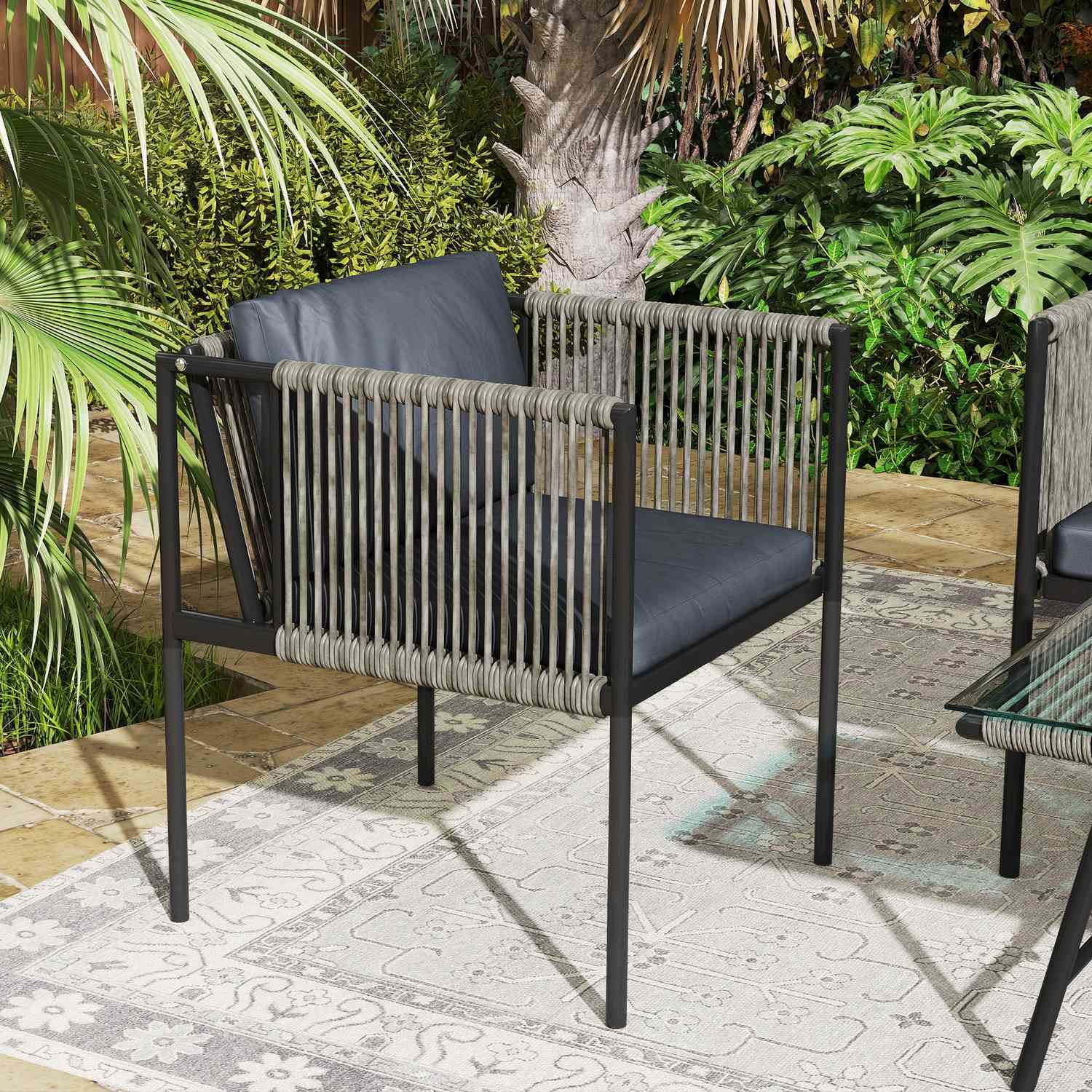 Salon de jardin en polyrotin avec coussins – gris