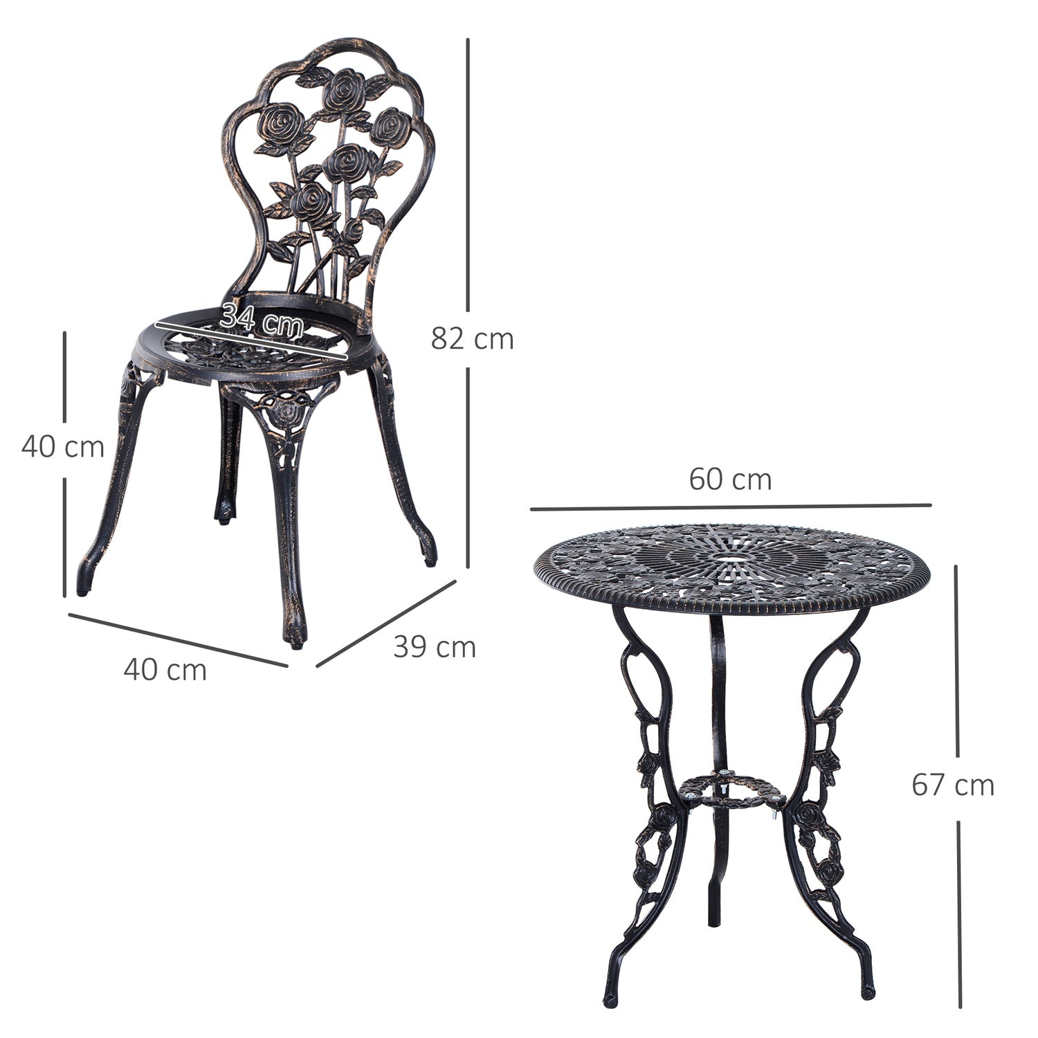 Tweedelige bronzen tuinset, tafel en stoelen