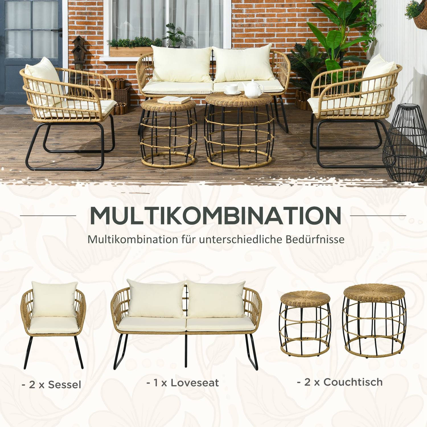 Rotan tuinmeubelen, gedempt, 5-delig beige