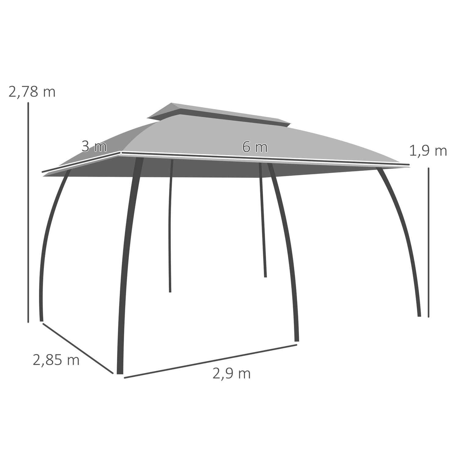 Tuinpaviljoen 3x6m tent, dubbel dak, zijwanden, donkergrijs