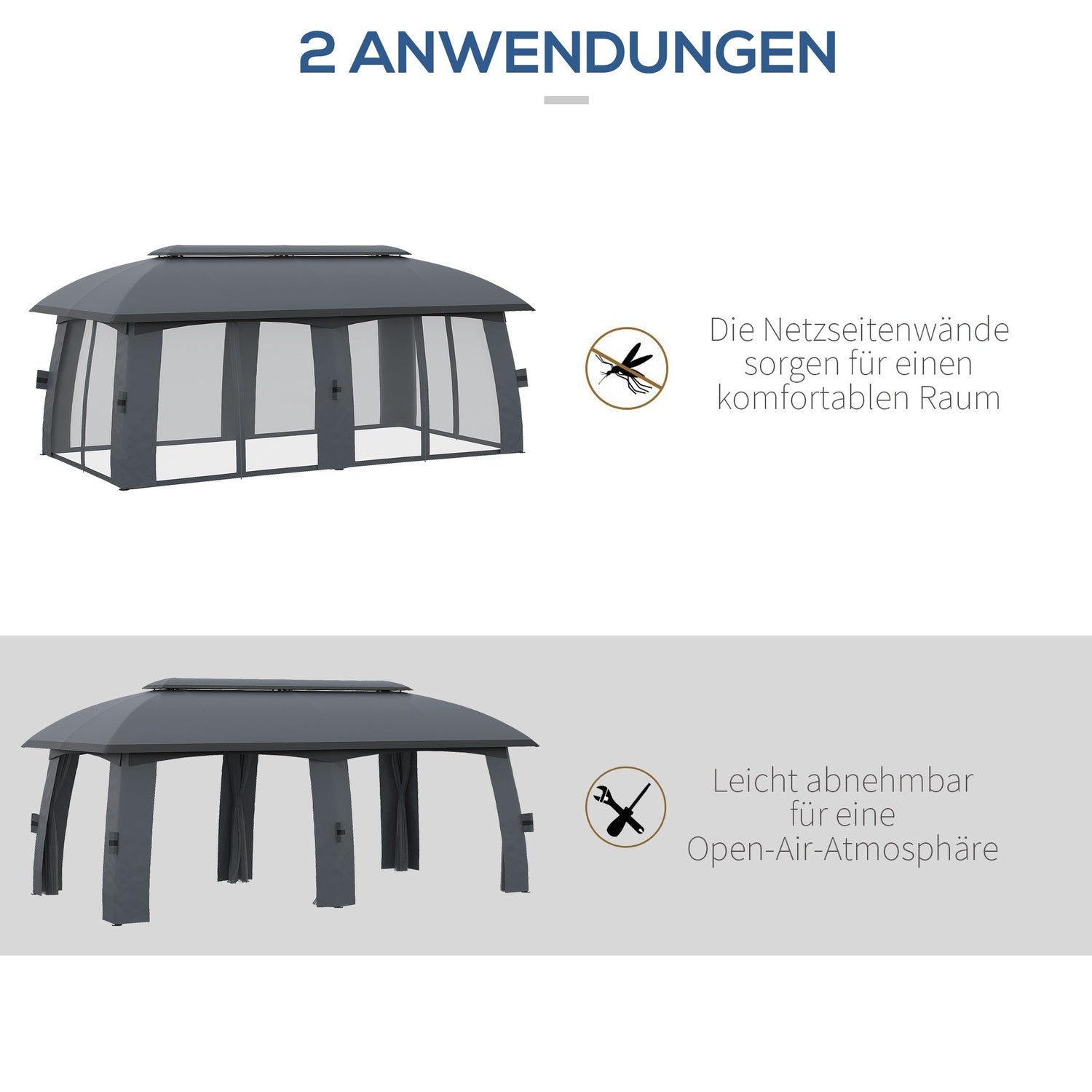 Tuinpaviljoen 3x6m tent, dubbel dak, zijwanden, donkergrijs