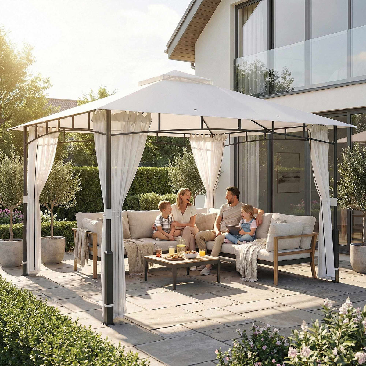 Tuinpaviljoen met dubbel dak en muskietennet, plaats voor 8 personen