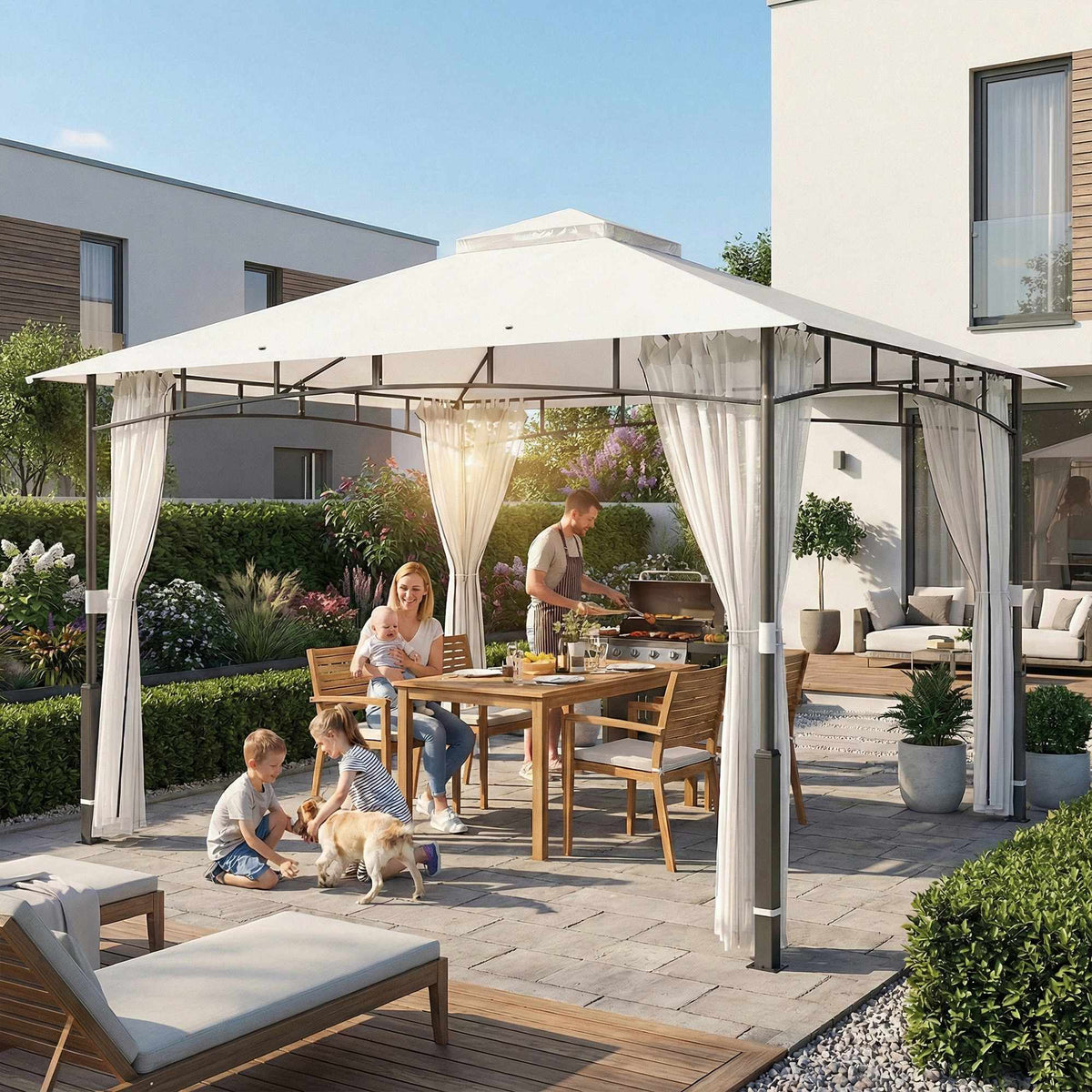 Tuinpaviljoen met dubbel dak en muskietennet, plaats voor 8 personen