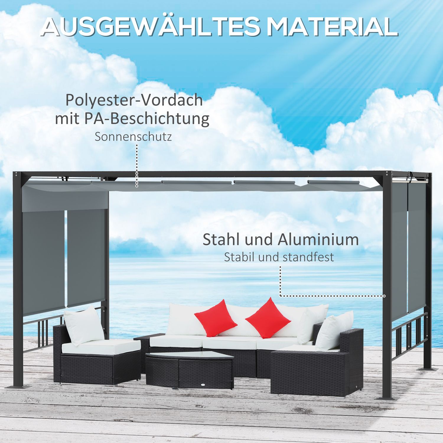 Tuinpergola tuinprieel met zonnescherm en jaloezieën