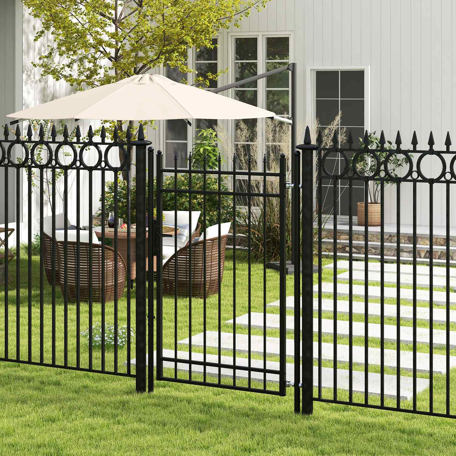 Tuinpoort van zwart gegalvaniseerd staal met slot en handgreep, 107x204 cm