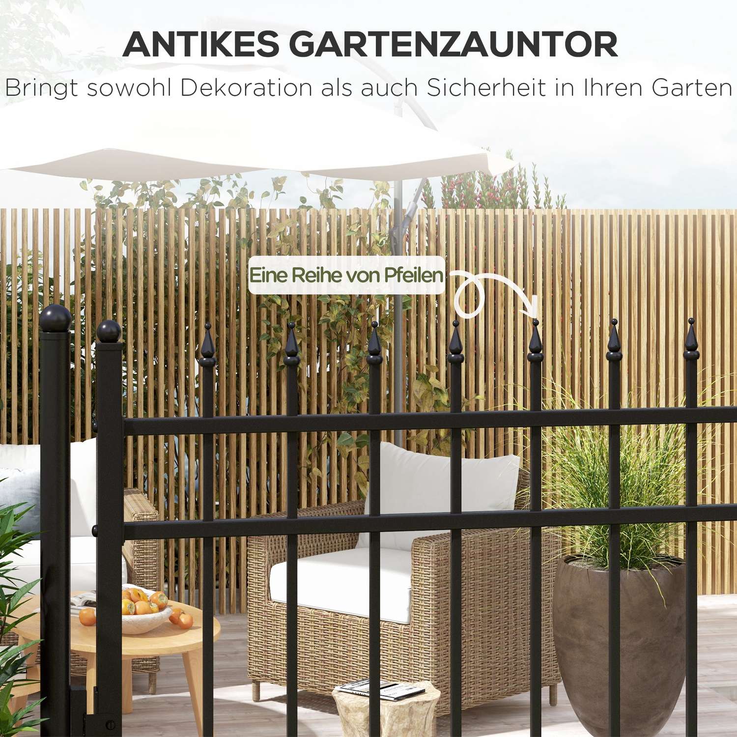Tuinpoort van zwart gegalvaniseerd staal met slot en handgreep, 107x204 cm