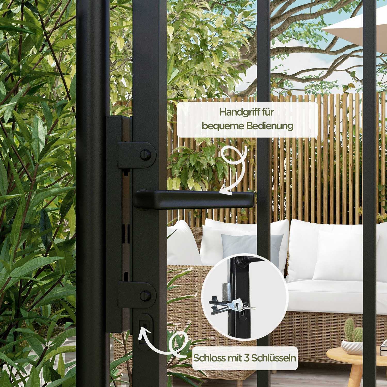 Tuinpoort van zwart gegalvaniseerd staal met slot en handgreep, 107x204 cm