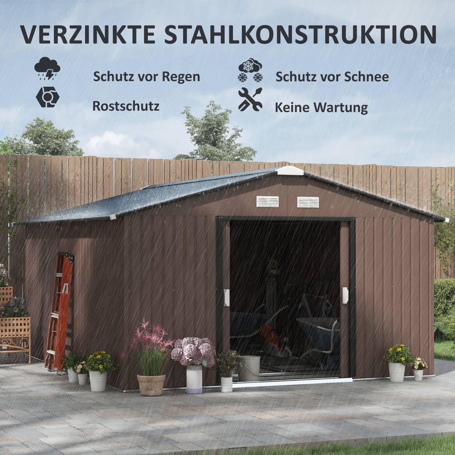 Trädgårdsredskapsbod, 12,4 m², stål, väderbeständig, brun