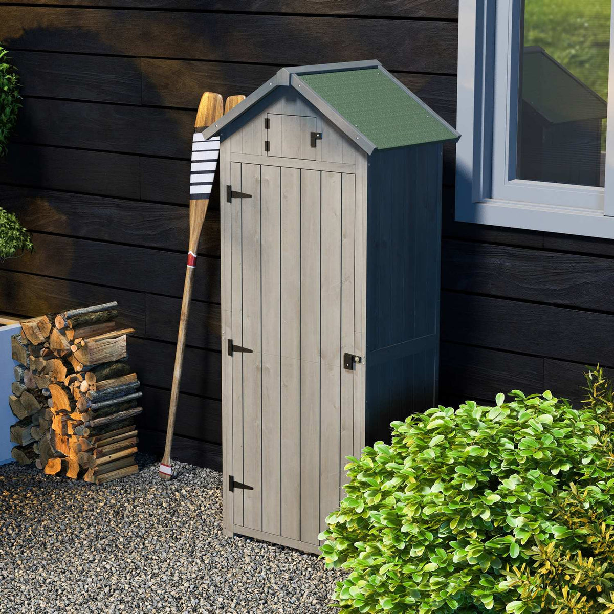 Houten tuingereedschapsschuur – Grijs & Groen, Met planken, 77x54x179 cm