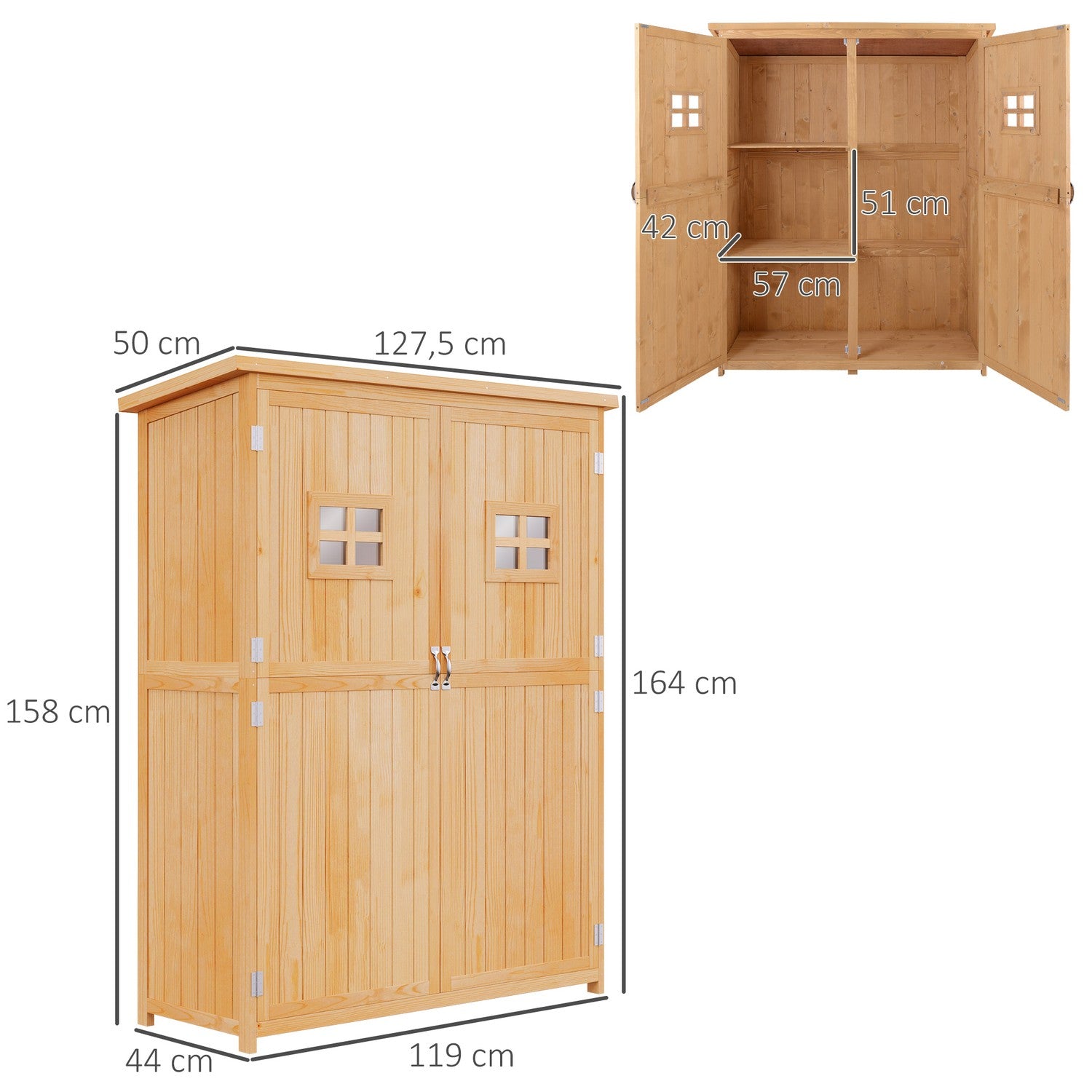 Houten tuingereedschapsschuur, natuurlijke afwerking, 127,5x50x164 cm